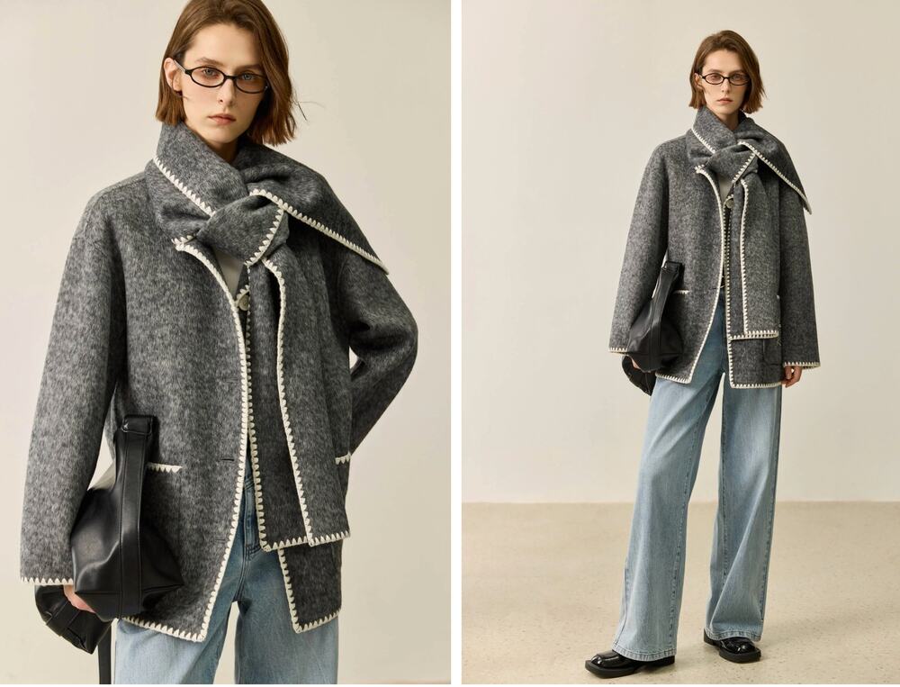 LILY Gray Bouclé Wool Anti-Static Double-Faced Coat Wrap Scarf Size M Medium